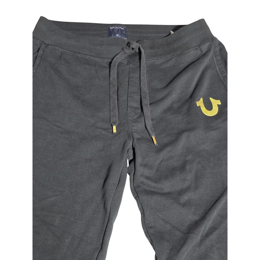 True Religion Mens‎ Black Jogger Sweatpants Yellow Horseshoe Logo Size Medium
